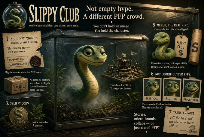 A promotional graphic for 'SLIPPY CLUB' NFTs, featuring a cartoon snake and text highlighting features like 'YOUR NFT, YOUR IP,' 'TWELVE PERSONALITIES, ONE SNAKE,' and 'NOT EMPTY HYPE.'