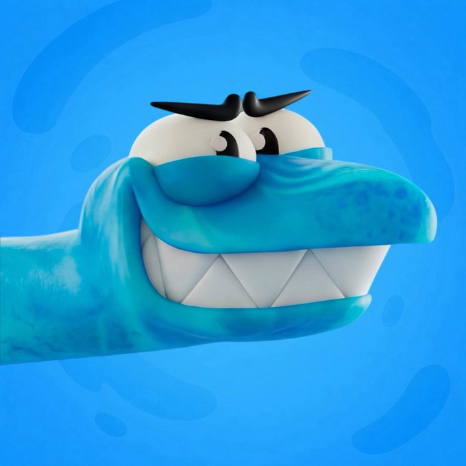 A 3D rendering of a stylized blue crocodile head with sharp teeth, black eyebrows, and a mischievous expression, set against a blue background with splash motifs.