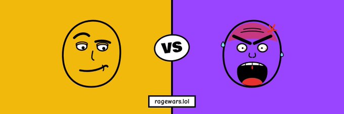The image features a side-by-side "VS" battle graphic between a smug yellow smiley face on the left and a furious purple enraged face on the right, representing the $BNB and $SOL Rage competition referenced in the post (with the branding "ragewars.lol" displayed below). The contrasting expressions visually capture the "rage wars" theme pitting the two blockchain communities against each other, matching the post's call to arms about $BNB and $SOL battling on the scoreboard.