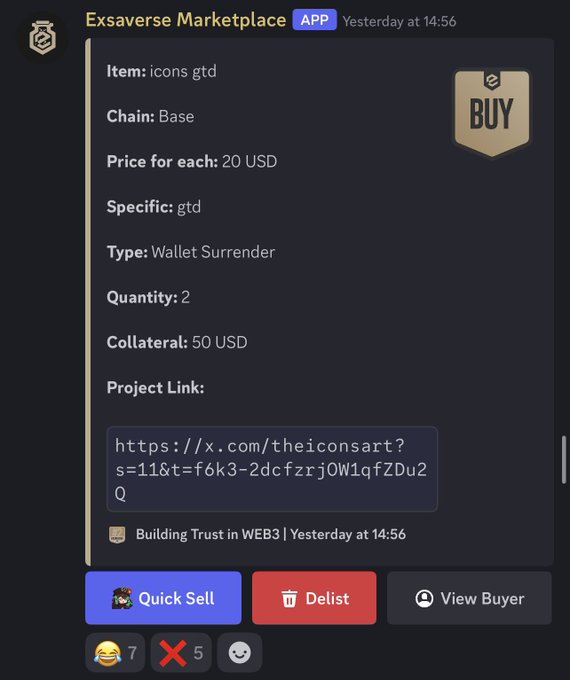 A screenshot of the Exsaverse Marketplace app listing 'icons gtd' on the Base chain for 20 USD each with 50 USD collateral, showing Quick Sell, Delist, and View Buyer buttons.