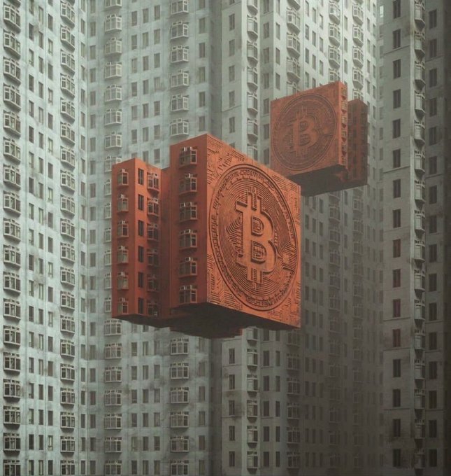 Two giant orange blocks carved with the Bitcoin logo hover in front of a towering gray apartment building, visually echoing the post's message about Bitcoin's scarcity ("Only 21M") through the imagery of solid, "hard" concrete structures representing the blockchain.