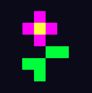A simple pixel art graphic showing a pink flower with a yellow center above a green pixelated stem against a dark gray background.