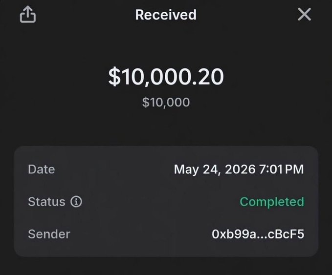 The image shows a completed transaction receipt of $10,000.20 received on May 24, 2026, from sender address 0xb99a...cBcF5, seemingly serving as proof of a previous giveaway to support a new $10,000 $SOL giveaway contest where participants must follow, retweet, like, and submit their wallet address to enter.