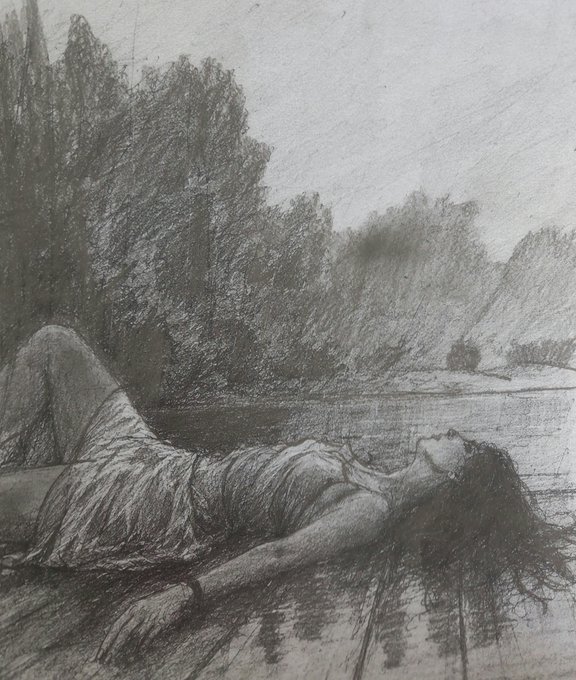A monochromatic drawing depicts a woman in a flowing dress lying peacefully on the ground beside a river, with her arm extended toward the water and trees framing the scene in the background. The artwork, shared on TEZ as part of a curated art post, evokes a melancholic, dreamlike atmosphere reminiscent of literary illustrations, perhaps capturing a moment of stillness or surrender in nature.