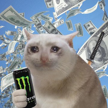 A crying white cat holds a Monster Energy can amid a shower of dollar bills, perfectly capturing the euphoric "money rain" energy of the $CASHCAT memecoin surging back to a $200M market cap with 3x more holders. The image's "crying cat with money" meme embodies the volatile, emotionally-charged returns crypto traders chase, visually representing the viral lore and founder attention the post credits for $CASHCAT's repeated pumps.
