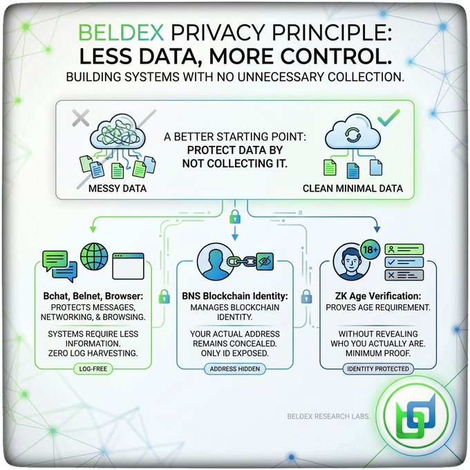 A Beldex Research Labs infographic titled 'PRIVACY PRINCIPLE: LESS DATA, MORE CONTROL,' illustrating their data protection methods including Bchat, BNS Blockchain Identity, and ZK Age Verification.