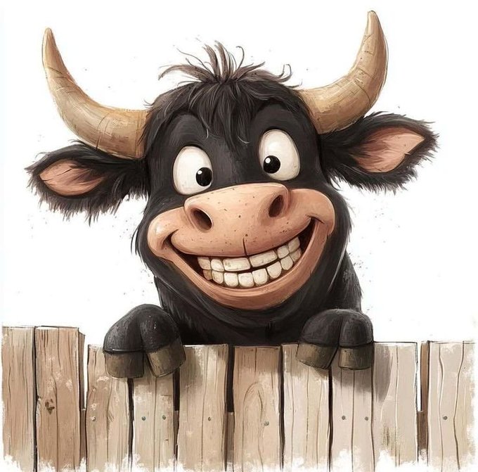 A cartoon illustration of a black cow/bull with large curved horns, big white teeth in a wide grin, and shaggy fur, peeking over a wooden fence with its hooves resting on top.
