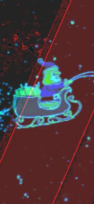 The image displays a neon-outlined thermal-style scan of Santa Claus in his sleigh, rendered in bright blue and green hues against a dark red background scattered with light dots. It visually matches the post's excited, festive crypto community vibe tied to the $XPR memecoin on Network A.