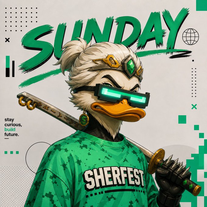 A stylized cartoon duck character wearing green cyber-style glasses and a 'SHERFEST' jersey, holding a katana sword, with text 'SUNDAY' and 'stay curious, build future.'