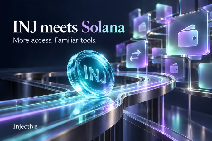 A promotional graphic titled 'INJ meets Solana – More access. Familiar tools.' featuring a glowing INJ coin on futuristic illuminated tracks alongside floating Solana ecosystem icons, branded by Injective.