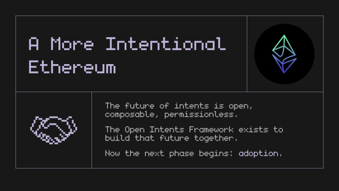 The image features a poster with a black background, white text, and an image of a green and blue triangle. The poster appears to be related to the concept of Open Intents Frameworks or OI FRAMEWORKS, which is used for building a unified Ethereum network. The poster also includes a quote from the Open Intents Framework, stating that "The future of intentions is open. The Open Intents Framework is open. Compatible, permissionless. The Open Intents Framework exists to build that future together."