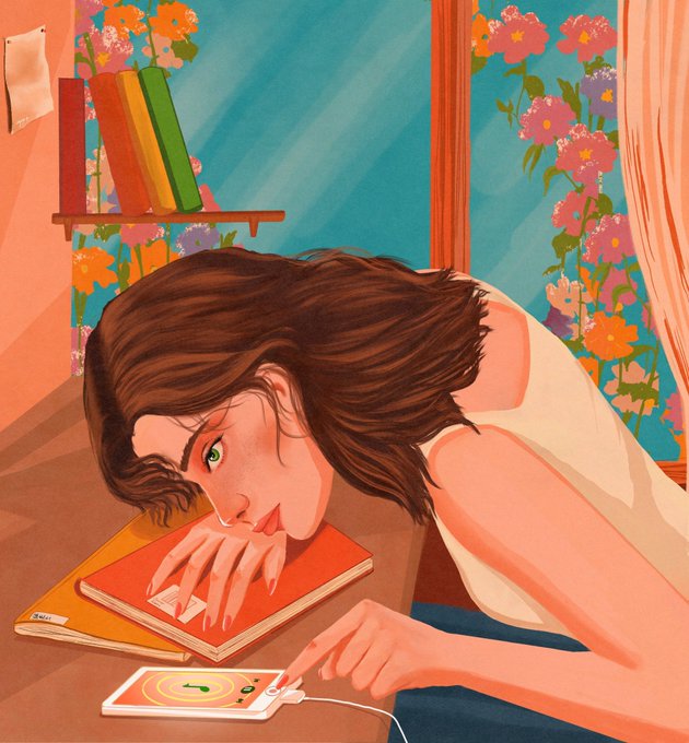 A stylized illustration shows a young woman with green eyes leaning over a desk, looking at a smartphone connected by a white cable, with a notebook and bookshelf nearby, framed by floral wallpaper.