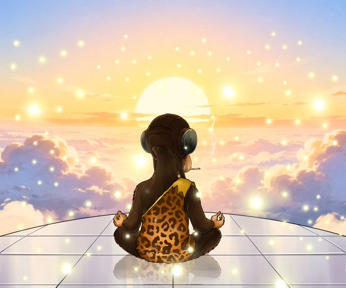 In the image, a monkey wearing headphones sits cross-legged with its eyes closed, appearing to be meditating or in a state of relaxation. The background features a sunset over clouds, creating a serene atmosphere that complements the peaceful scene. The caption "Find Your Balance w/ @GooseTheBAYC" suggests that this image might be related to mindfulness and meditation practices, possibly inspired by the character Goose from the popular animated series "The Simpsons".