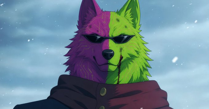 An anime-style illustration of an anthropomorphic wolf or dog character with half-purple, half-green fur, wearing sunglasses and a dark cloak against a snowy background.