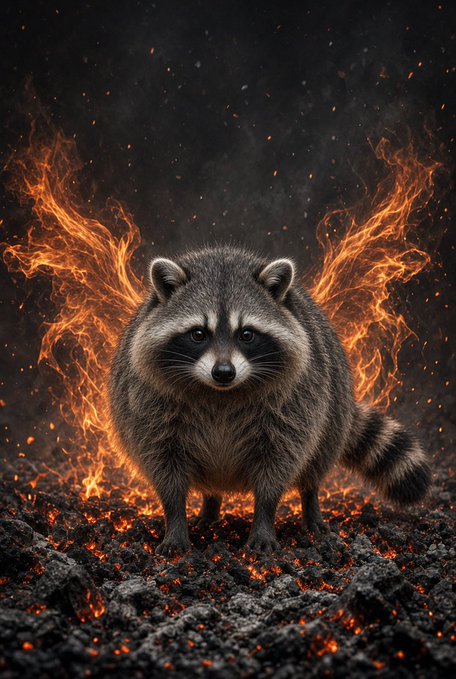 A digital artwork featuring a raccoon standing on dark, ember-covered ground surrounded by dramatic flames rising on either side.