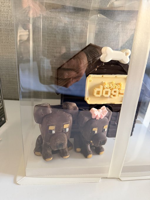 Two chocolate "Doginal Dogs" figurines sit inside a clear display case beside a golden plaque reading "Doginal Dog," capturing a moment of appreciation for the Doginal Dogs NYC community event.