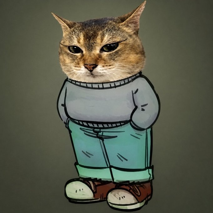 A humorous illustration featuring a tabby cat's realistic head photoshopped onto a cartoon-style body wearing a gray sweater, teal pants, and brown sneakers against a dark olive background.