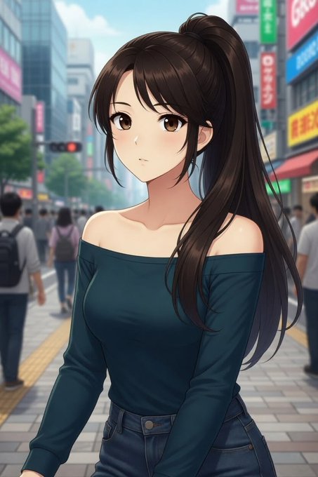 An anime-style illustration of a young woman with long dark hair in a ponytail, wearing a dark teal off-shoulder top and jeans, standing on a busy city street with Japanese signage and pedestrians in the background.