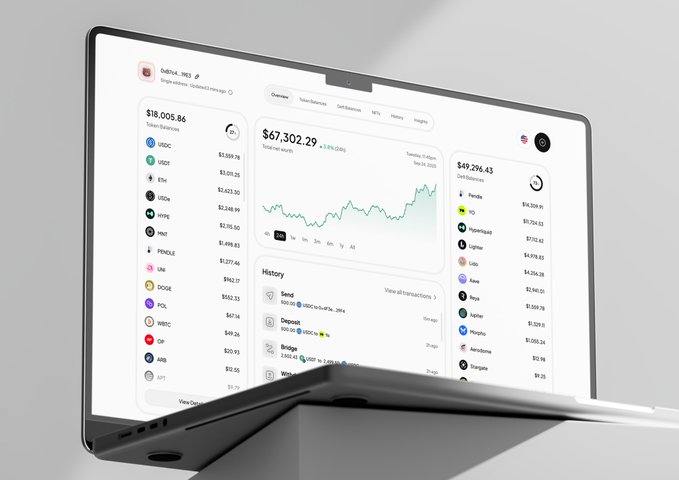 A product mockup displaying a cryptocurrency portfolio dashboard on a laptop, showing a token balance of $18,005.86, portfolio worth of $67,302.29, and liabilities of $49,296.43 with various crypto holdings.