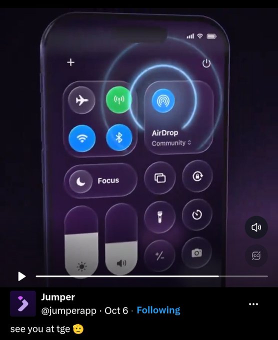 A screenshot of an iPhone Control Center with the AirDrop option highlighted and circled in blue, posted by Jumper (@jumperapp) on Oct 6 with the caption 'see you at tge 🤫'.