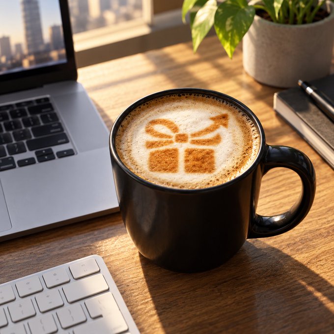 A black coffee mug on a wooden desk displays a cinnamon-dusted gift box design on its foam, sitting beside a laptop and keyboard with a city skyline in the background—visually delivering the post's "GM Robinhood" greeting by presenting the gift box directly in the cup.