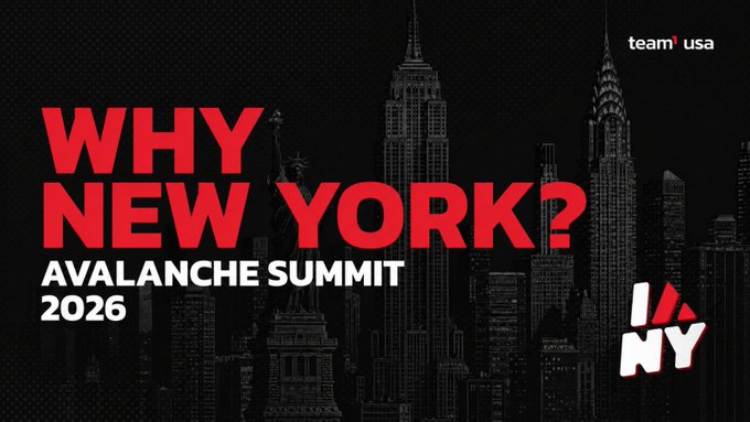 A promotional graphic for the Avalanche Summit 2026 event titled "WHY NEW YORK?" featuring the New York City skyline in the background and a red "I ❤ NY" style logo.