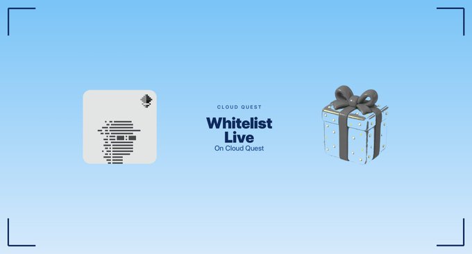 A promotional graphic for the SealedPunk NFT collection announces its whitelist live on Cloud Quest, featuring a pixelated sealed punk on the left and an illustrated gift box on the right, with the central text "CLOUD QUEST / Whitelist Live / On Cloud Quest."