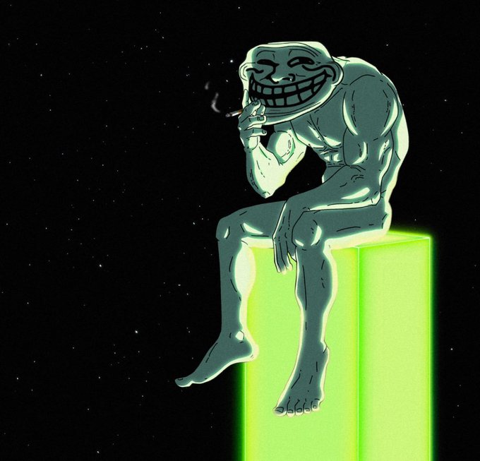 The image features a cartoon character sitting on top of a green cube, holding a cigarette and smiling. The background shows a dark space with stars, giving the impression that they are in outer space or a planetarium. There is also text in the image that reads "Bring On The $TROLL Green Candles." This suggests that the post might be related to a product called "$TROLL Green Candles" and possibly encourages people to buy them as a gift for someone who enjoys space-themed items or has an interest in astronomy.