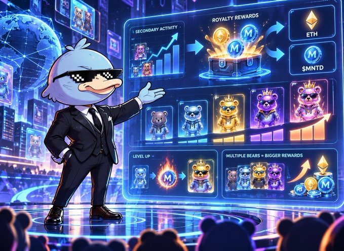 A digital illustration of a duck mascot in a suit presenting a crypto/NFT rewards system featuring bear collectibles, ETH and $MNTD tokens.