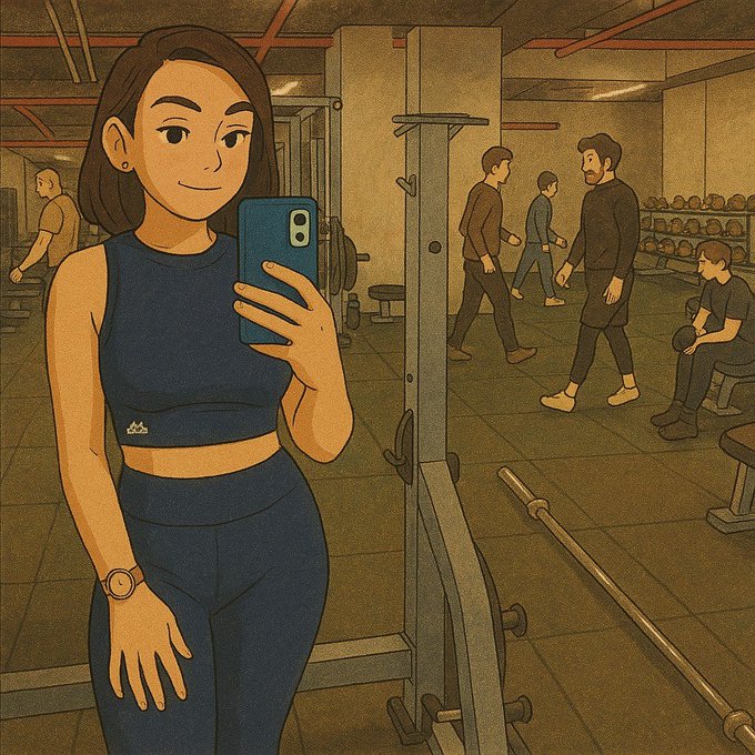 An illustrated/AI-generated image shows a woman in navy athletic wear taking a selfie with her phone in a gym setting, with other people exercising in the background.