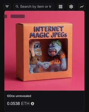 An NFT marketplace listing titled 'Internet Magic JPEGs' priced at 0.0538 ETH, featuring a box containing two cartoonish zombie-like figures shaking hands.