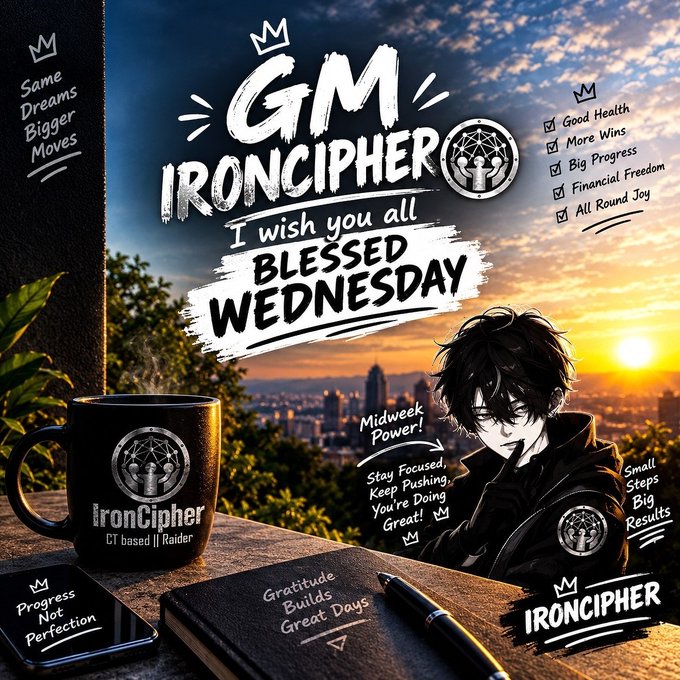 A motivational graphic titled 'GM IRONCIPHER' wishes followers a 'BLESSED WEDNESDAY,' featuring an anime character, a branded mug, and checklists emphasizing 'Same Dreams Bigger Moves' and 'Midweek Power!'