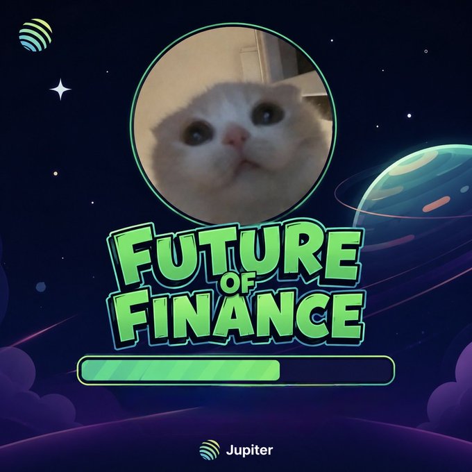 A promotional graphic for 'Future of Finance' featuring a close-up photo of a white cat's face in a circular frame, set against a space-themed background with planets and stars, branded with 'Jupiter' at the bottom.