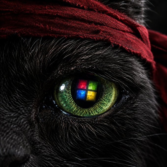 A close-up photograph of a black cat's eye with a green iris reflecting the Microsoft Windows logo, with a red fabric visible above.