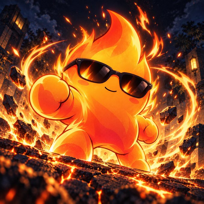 A digital illustration shows a cute, flame-like cartoon character wearing black sunglasses, surrounded by swirling fire and floating rocks against a dark background.