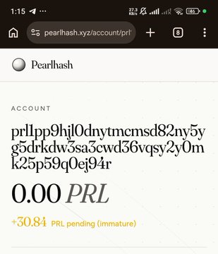The image displays a cell phone screen with an online account page from the Pear hash site, which has a message that reads "0.00 PRL pending (immature)". This suggests that there may be issues with the account or its payment processing.