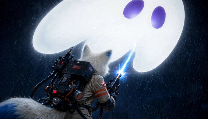 A white fox in a Ghostbusters-style proton pack invokes a beam of light against a giant glowing ghost emoji in the night sky—a vivid metaphor for Nightly fighting to dispel the "ghost" of abandoned wallets and protect every chain in the multi-chain Web3 world.