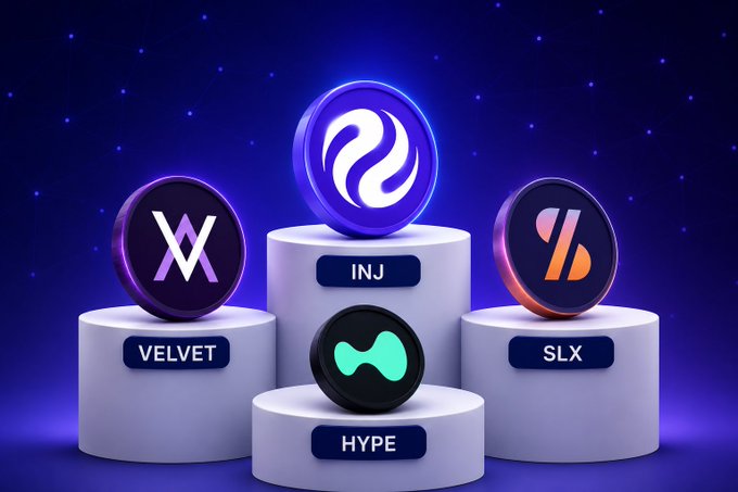 The image shows four cryptocurrency token logos displayed on white pedestals against a dark blue, starry background: VELVET (a stylized "VX" logo), INJ (a purple coin with a flame-like emblem) positioned at the top, SLX (a dark coin with an orange "X" design), and HYPE (a black coin with a teal abstract symbol). The visual ranks these blockchain projects in a podium-like arrangement, emphasizing INJ at the highest position to illustrate the post's argument that Injective stands above the other three chains by being purpose-built for finance rather than simply offering features like privacy (VELVET), speed (SLX), or community (HYPE).