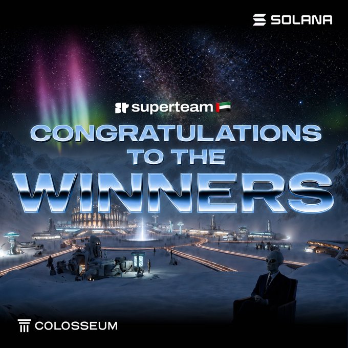 The image is a promotional graphic featuring a futuristic arctic cityscape under the aurora borealis, with bold text reading "CONGRATULATIONS TO THE WINNERS" along with the Solana, Superteam UAE, and Colosseum logos, celebrating the winners of the Solana Frontier Hackathon and specifically highlighting builders from the UAE.