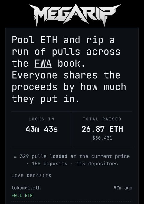 MEGARIP promotional panel for pooling ETH across the FWA book, showing a countdown of 43m 43s, total raised of 26.87 ETH ($50,431), and live deposits.