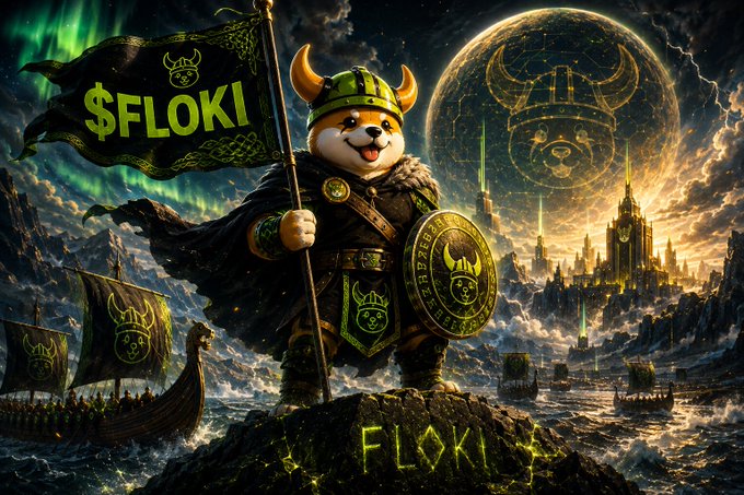 An artistic fantasy illustration of a Viking-style dog warrior holding a $FLOKI flag and shield, standing on a rock labeled 'FLOKI' with Viking ships and a horned helmet moon in the background.