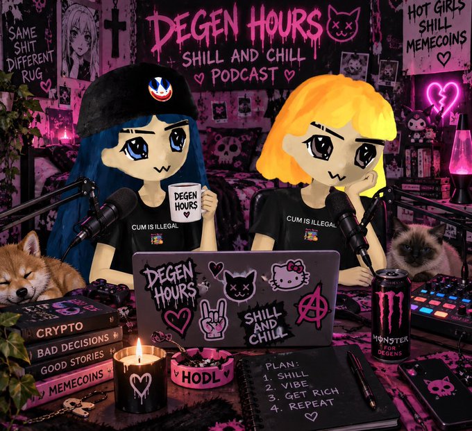 A stylized digital illustration of the 'Degen Hours Shill and Chill Podcast' featuring two anime-style characters at a desk with microphones, a Hello Kitty-themed laptop, and items like a 'HODL' ashtray, 'Crypto Bad Decisions Good Stories Memecoins' books, and a 'Monster for the Degens' energy drink.