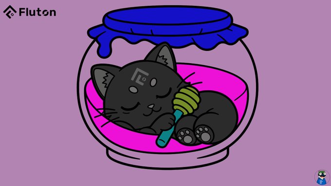 A whimsical digital illustration shows a black cat curled up inside a glass jar filled with pink liquid, contentedly licking a honey dipper, branded with the 'Fluton' logo.