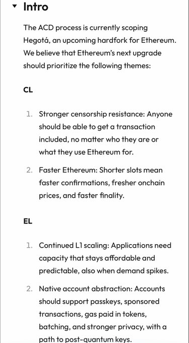A document outlining priorities for Ethereum's next upgrade, Hegotá, listing 'CL' themes like censorship resistance and faster Ethereum, plus 'EL' themes like L1 scaling and native account abstraction.