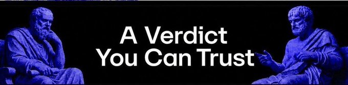 The image features two classical statues in blue lighting flanking the text "A Verdict You Can Trust," creating a theme of timeless, authoritative judgment that ties into the post's discussion of GenLayer's structured appeal system designed to ensure verdicts are based on reasoning rather than hierarchical authority.