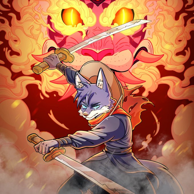 The image features an illustration of a person holding two swords with one sword being held above their head while the other is positioned below them. The person appears to be dressed in a blue outfit, possibly a robe or a jacket, which adds to the overall theme of the artwork. The background of the image is red and filled with smoke, creating an intense atmosphere that complements the swords and the character's attire. The post also includes text about bullish trading, which could be related to the illustration in some way or not directly connected at all.