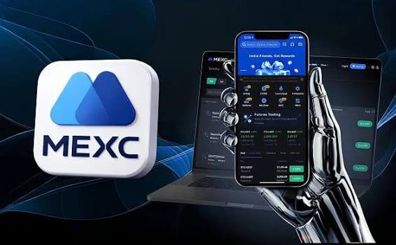 A promotional graphic for MEXC cryptocurrency exchange, featuring the blue MEXC logo on the left and a robotic hand holding a smartphone on the right showing the trading app interface.