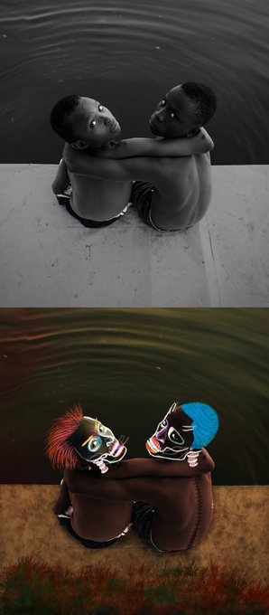 A black-and-white photo of two children embracing on a ledge above water, paired with a stylized digital painting version featuring colorful masks.