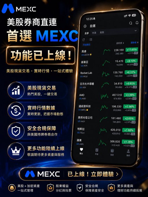 The image features a cell phone with a large screen displaying a stock market app called "MEXC" (Mexican Exchange). The app provides information about various US stocks, including their current prices and trends. It also offers options for buying or trading these stocks in the United States. The post emphasizes that MEXC is not just limited to US stocks but can be used to trade them as well.