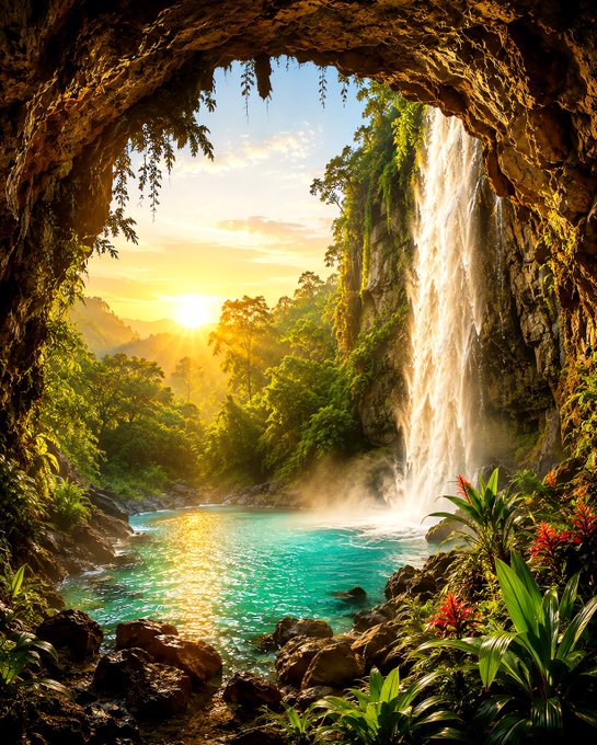 A lush tropical cave scene with a cascading waterfall flowing into a turquoise pool, framed by a cave opening that reveals a golden sunset over distant mountains.